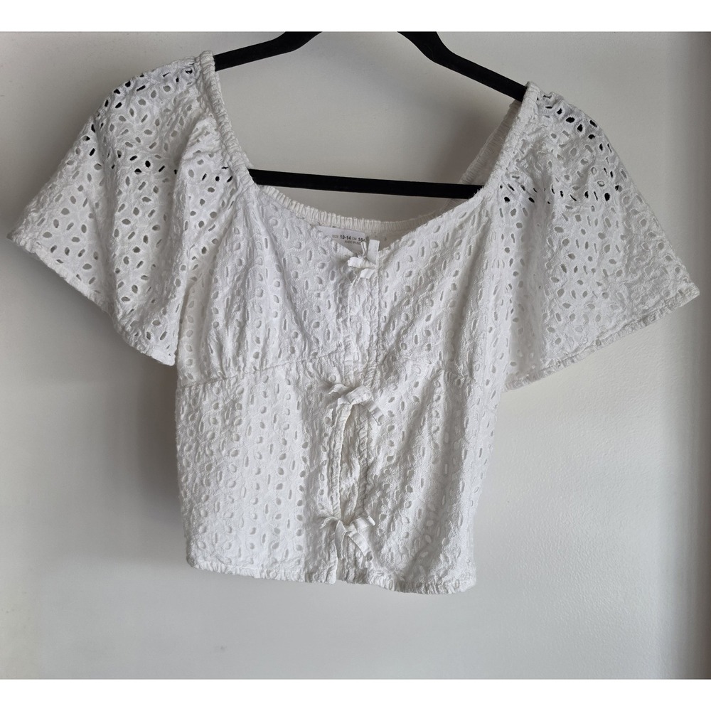 Zara Girls Size 13-14 White Cotton Eyelet Scoop Neck Top Blouse Boho Shirt